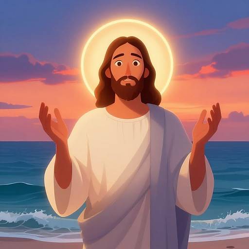Digital illustration of Jesus with a glowing halo, brown hair, beard, white robe, standing on a beach at sunset, hands raised, ocean waves in