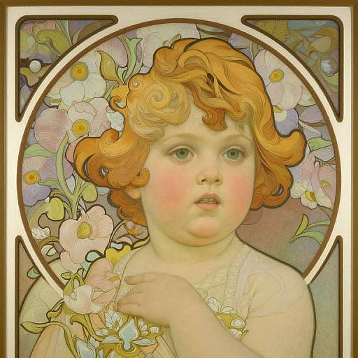 Stylized digital art of a cherubic child with curly red hair, holding flowers, surrounded by pastel-colored blooms in Art Nouveau frame.