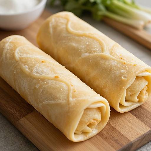 Close-up photograph of two golden-yellow, freshly rolled tortillas with slightly crispy edges, placed on a wooden cutting board.