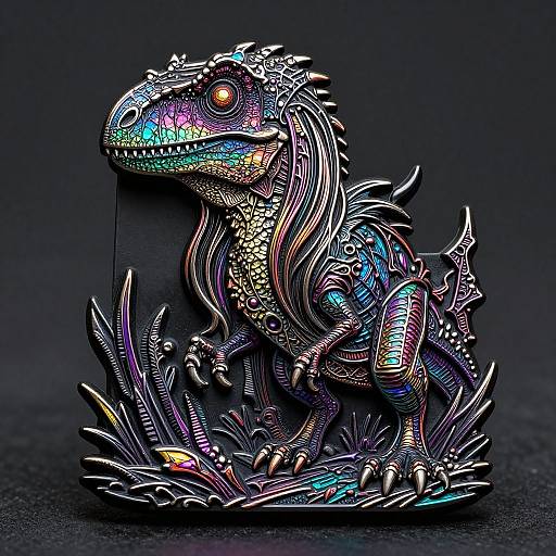 Vibrant, multi-colored, metallic, 3D digital sculpture of a dinosaur with intricate, reflective patterns, standing on jagged, metallic foliage