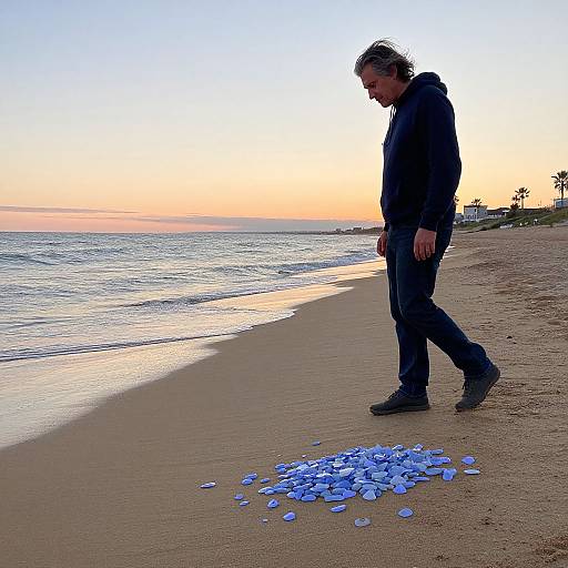 Photograph of a man in a black hoodie and jeans walking on a beach at sunset, looking down at a scattered pile of blue plastic pieces on the
