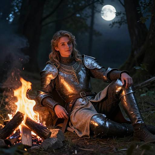 Photograph of a long-haired knight in silver armor, sitting by a campfire under a full moon in a dark forest.