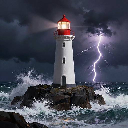 Photograph of a white lighthouse with red roof, standing on rocky sea, illuminated by bright lightning during stormy night, waves crashing fiercely.