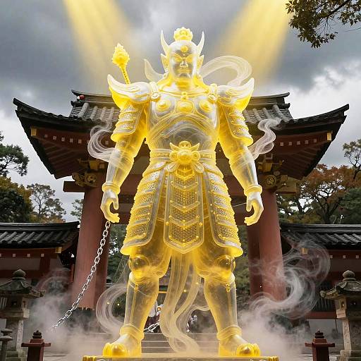 Photograph of a glowing, golden, armored warrior statue with fire-like light, standing in front of traditional Japanese torii gate. Smoky effects surround