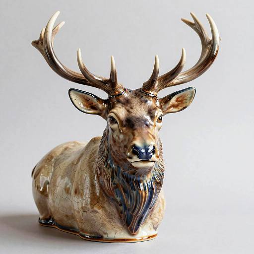 Photograph of a realistic, detailed, bronze-colored deer statue with prominent antlers, lying down against a plain white background.