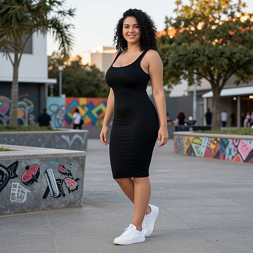 Photograph of a smiling curly-haired woman in a tight black sleeveless dress and white sneakers, standing outdoors on a graffiti-decorated urban plaza at