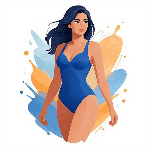 Digital illustration of a confident woman with long blue hair, wearing a blue one-piece swimsuit, against a colorful splatter background.