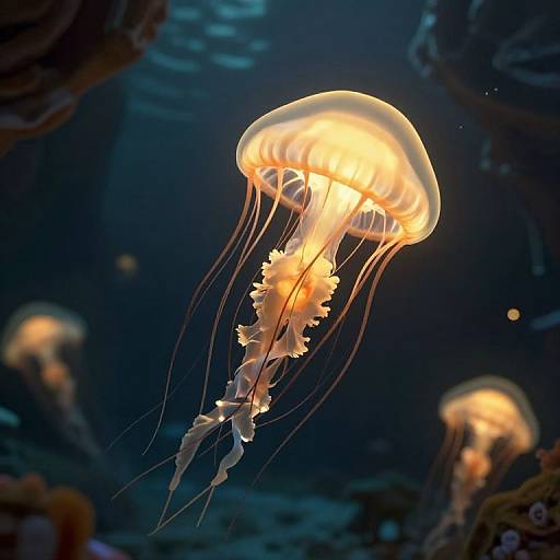 Golden Ethereal Jellyfish in Underwater Cavern
