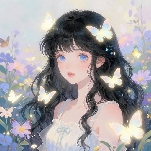 Digital anime-style painting of a pale, blue-eyed girl with long, wavy black hair surrounded by glowing white butterflies in a field of blue and pink