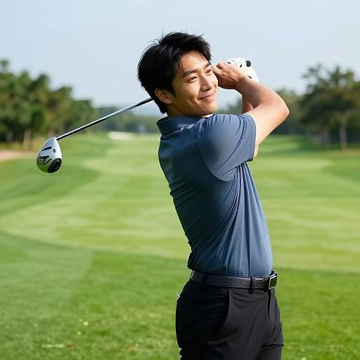 Photograph of an Asian man with black hair, wearing a blue polo shirt and black pants, smiling while swinging a golf club on a sunny, green