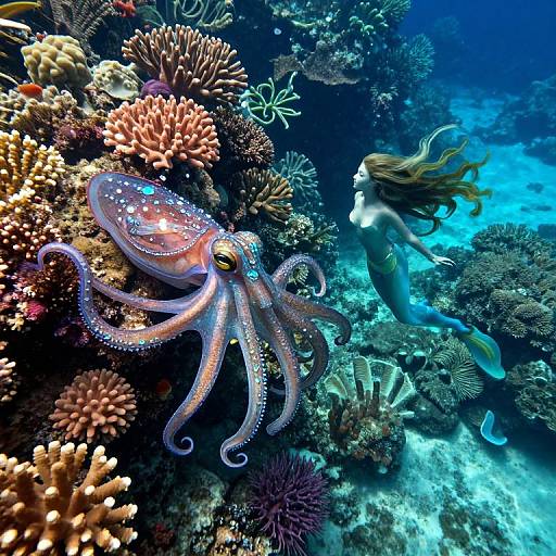 Photograph of a vibrant underwater scene: a pink-and-white spotted octopus with outstretched tentacles beside a floating, long-haired woman, surrounded