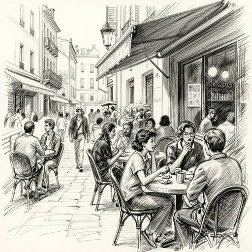 Black-and-white sketch of a bustling European street café, with patrons sitting at tables, chatting, and enjoying drinks, under an awning.