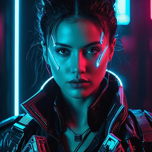Cyberpunk Woman Portrait with Neon Tech