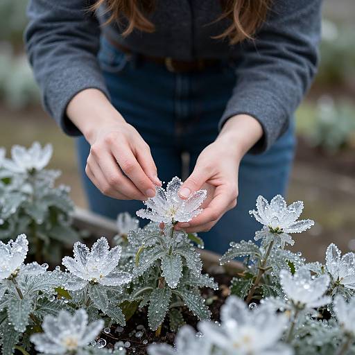 Photograph of a person with long brown hair, wearing a dark gray coat, gently touching dew-covered white flowers in a garden.