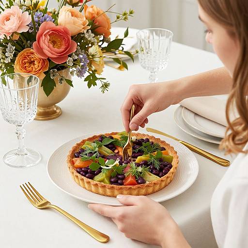 Photograph of a woman serving a colorful fruit tart with fresh herbs at a white table, surrounded by gold utensils, glassware, and a vibrant