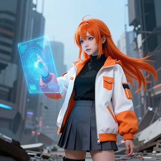 Digital CGI of a red-haired anime girl in a futuristic city, wearing an orange and white jacket, black top, and gray skirt, holding a glowing