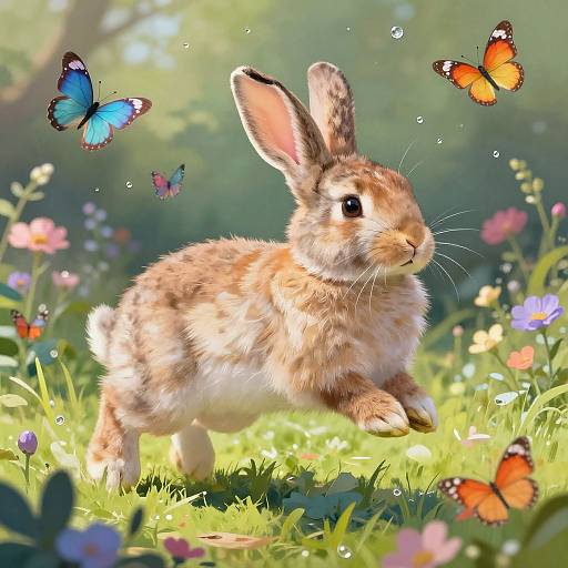 Photograph-style digital artwork of a fluffy brown rabbit with large ears, jumping in a sunlit meadow with colorful flowers and vibrant blue and orange butterflies