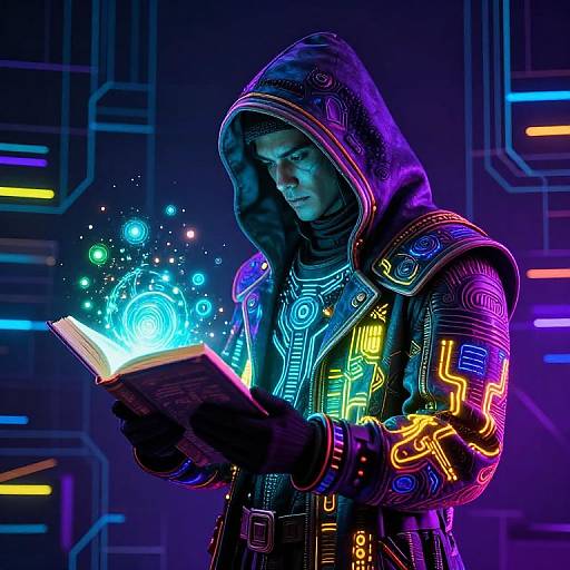 Neon-lit cyber mage in futuristic hooded robe, glowing book emitting blue magical energy, vibrant circuit patterns, dark sci-fi background. Digital art