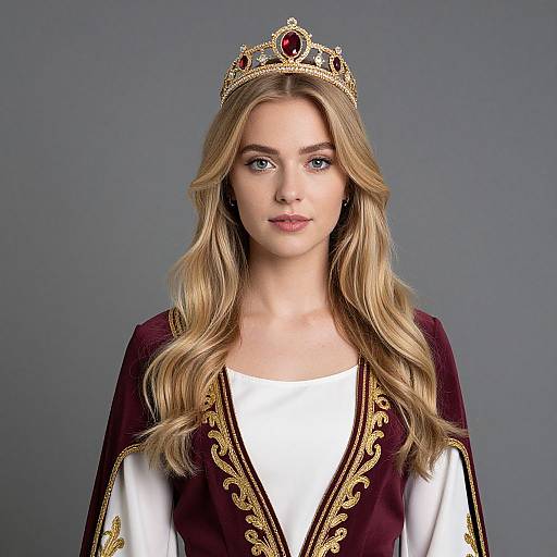 Regal Blonde Woman in Embroidered Dress