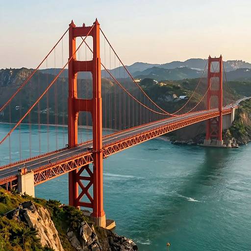 Photograph of the iconic Golden Gate Bridge in San Francisco, California, showcasing its vibrant red color, towering suspension structure, and scenic coastal background at sunset