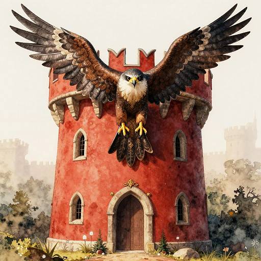 Digital illustration of a majestic, brown and white eagle with outstretched wings hovering over a red, castle-like tower with arched windows and door.