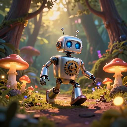 CGI image of a shiny silver robot with blue glowing eyes, walking through a magical forest with glowing mushrooms and sunlight filtering through trees.