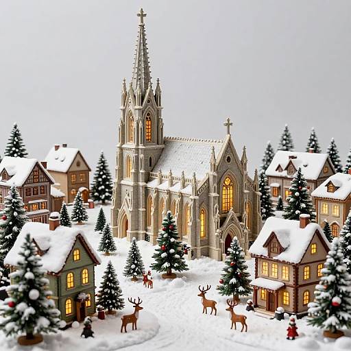Photograph of a detailed, snowy Christmas village with a Gothic-style church, illuminated houses, evergreen trees, and reindeer in the foreground.