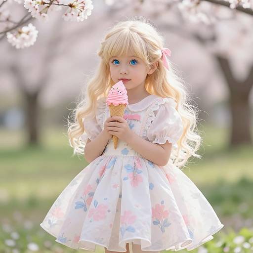 Photograph of a blonde, blue-eyed girl with long hair, wearing a white floral dress, holding a pink ice cream cone, standing in a sun