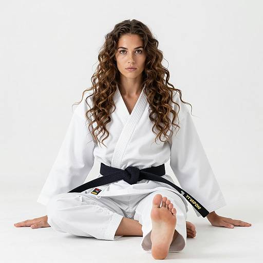 Woman in Karate Gi with Black Belt Sitting