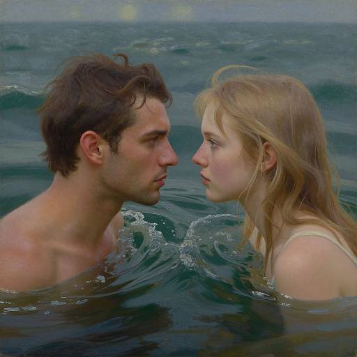 Photorealistic painting of a shirtless, dark-haired man and blonde woman facing each other in calm, dark blue ocean water.