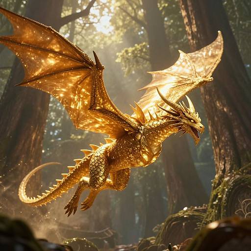 Glowing golden dragon with intricate scales and translucent wings flying through a sunlit forest, sunlight filtering through tall trees. Photorealistic CGI.