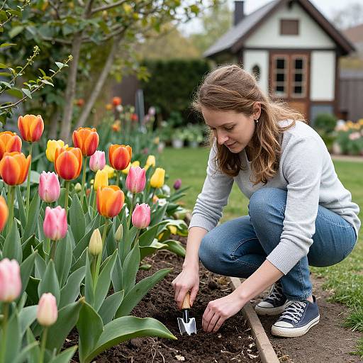 Photograph of a young woman with light brown hair in a white sweater and blue jeans, crouching to plant a tulip bulb in a colorful