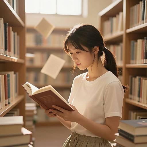 Photograph of an Asian woman with black hair in a ponytail, wearing a white t-shirt and plaid skirt, reading a book in a sun