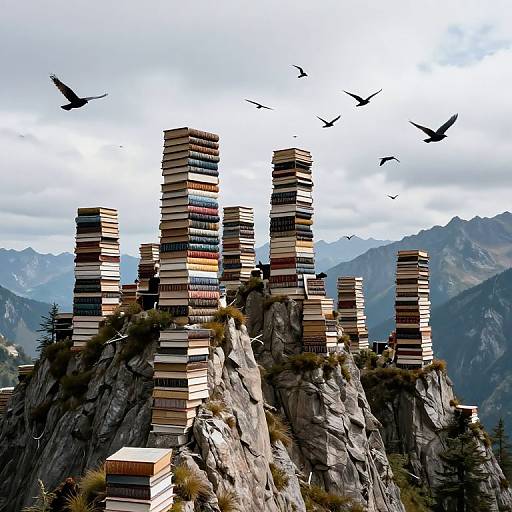 Photograph of a rocky mountain landscape with tall, stacked multicolored books forming towers, surrounded by flying birds and distant mountains.