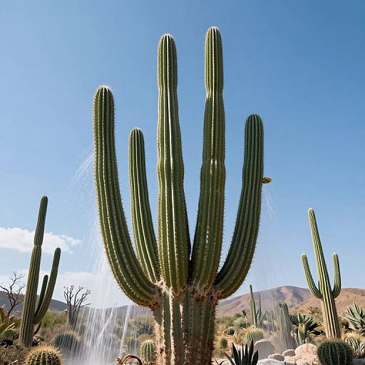 Photograph of a large, green, columnar cactus with multiple arms against a clear blue sky, surrounded by smaller cacti and desert vegetation