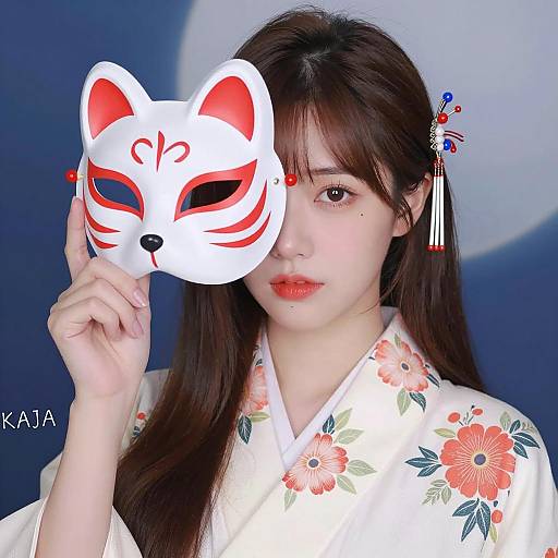 East Asian Woman Holding Fox Mask in Floral Kimono