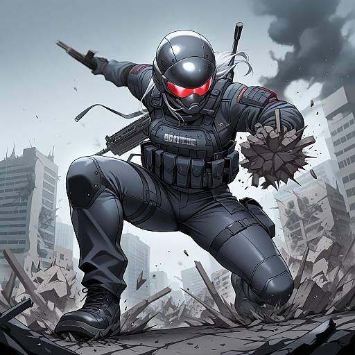 Armored Girl Rampaging Through Futuristic City