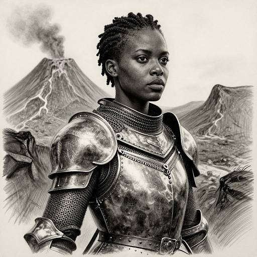 Black and white digital drawing of an African woman in shiny medieval armor, standing in a volcanic landscape with a smoking mountain.