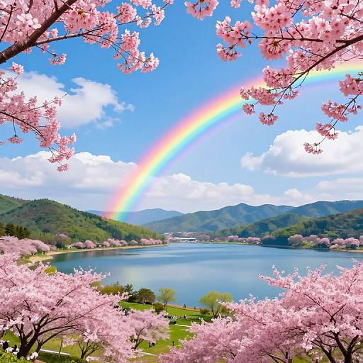 Photograph of a vibrant cherry blossom scene with a rainbow over a calm lake, surrounded by pink blossoms and green hills.