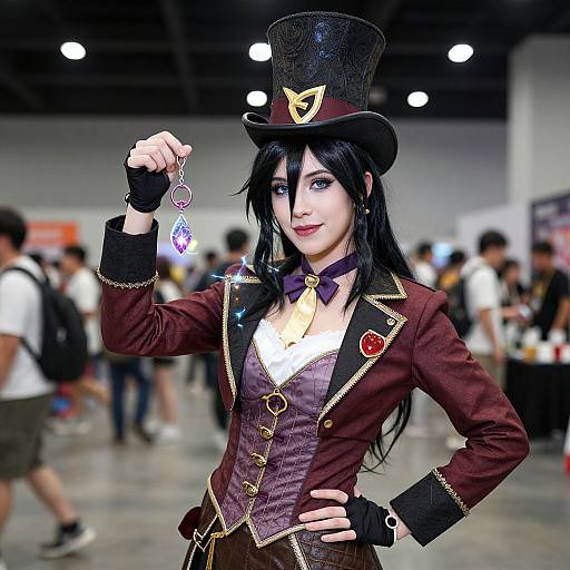 Cosplayer in Victorian steampunk outfit with black top hat, purple vest, and star-shaped necklace, holding cuffs, in a busy convention hall.