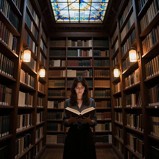 Photograph of a young woman with long dark hair, wearing a black dress, reading a book in a dimly lit, wooden library aisle with tall