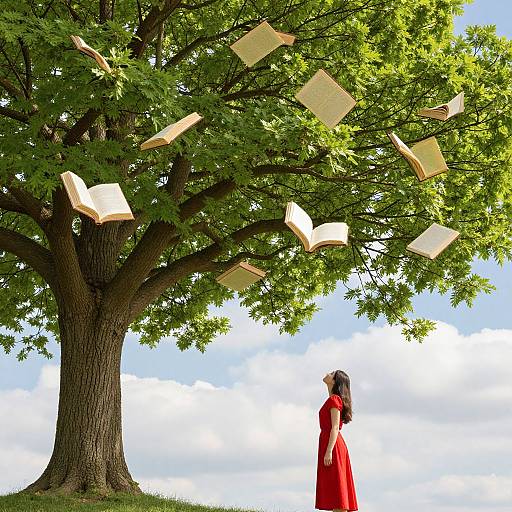Photograph of a woman in a red dress standing under a large, leafy tree with floating open books in a bright, cloudy sky.