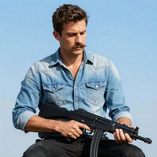 Man with Submachine Gun Under Bright Sky