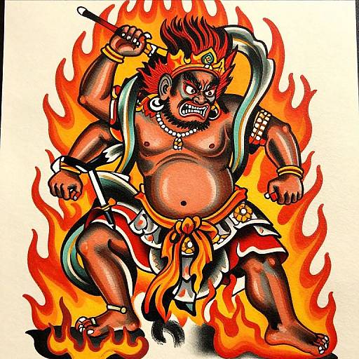 Colorful tattoo-style drawing of a fierce, muscular, red-skinned demon with wild hair, gold jewelry, and tribal attire, surrounded by bright,