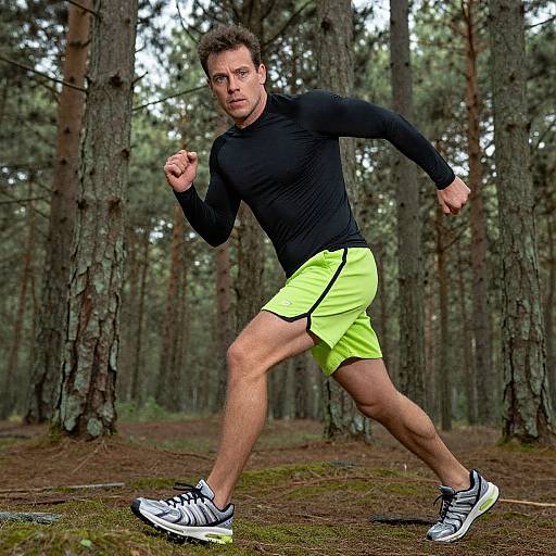 Photograph of a muscular, light-skinned man in black long-sleeve shirt and neon yellow shorts, running in a forest with tall pine trees