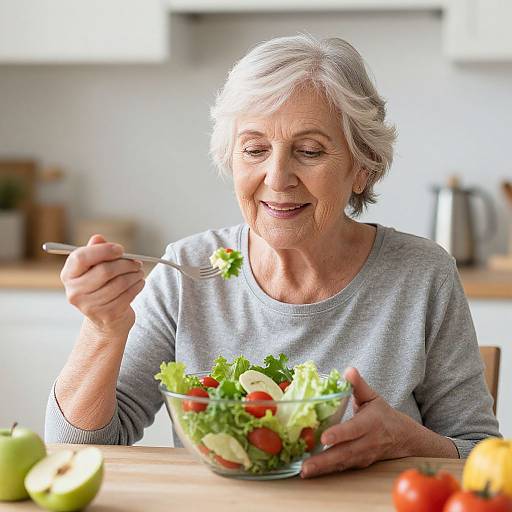 Photograph of an elderly woman with short gray hair, smiling while eating a colorful salad with a fork in a bright kitchen.