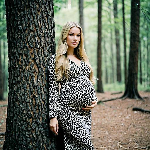 Pregnant woman in leopard print dress leaning on tree