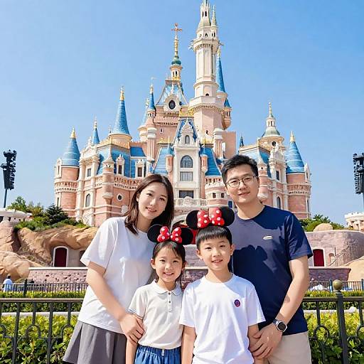 Photograph of an Asian family with two children in front of a Disney castle, wearing Minnie ears, white shirts, and Disney-themed outfits, under