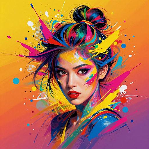 Vibrant digital portrait of a woman with colorful, splattered paint on her face and hair, set against a gradient orange-yellow background. Bold,