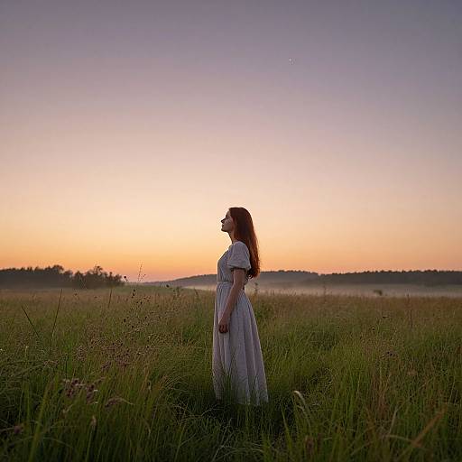 Photograph of a silhouetted pregnant woman in a white dress standing in a grassy field at sunset, with a gradient sky from orange to